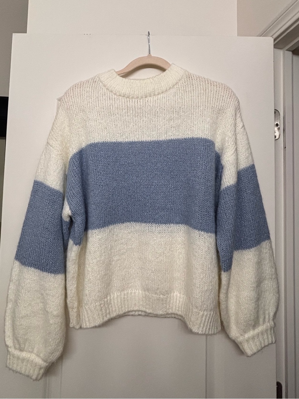 Striped Crewneck Sweater in Cream and Light Blue